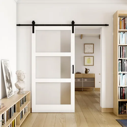 Vista 14 de Puertas correderas de granero de 36 x 84 pulgadas, 5 paneles, puerta interior de vidrio esmerilado templado para habitación con kit de herramientas