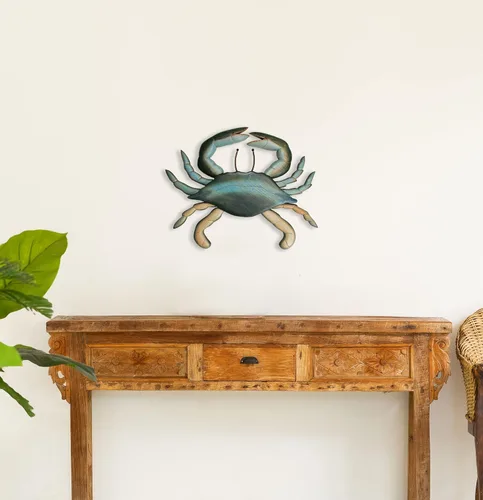 Vista 2 de T.I. Design Cangrejo azul de madera tallada a mano Decoración de pared de playa náutica costera de Nueva Inglaterra