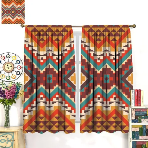 Vista 329 de Cortinas con patrón geométrico tribal, estilo suroeste, azteca, rústico, occidental, nativo americano, opacas, con bolsillo para barra, decoración