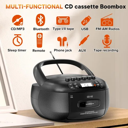 Vista 2 de Reproductor de CD Boombox con reproductor de cassette, Bluetooth, radios y control remoto, reproductor de CD/MP3/USB con sonido estéreo, grabación