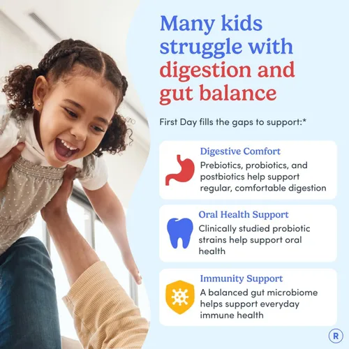 Vista 2 de FIRST DAY Gomitas probióticas 3 en 1 para niños - Prebiótico + probiótico + suplemento postbiótico - Apoya la salud digestiva y oral, función