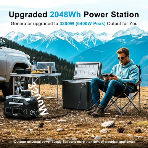 Vista 2 de Estación de energía portátil IEE P3200 de 3200 W con panel solar de 2 x 200 W, generador solar de 2048 Wh, carga de CA de 1800 W, 4 salidas de CA