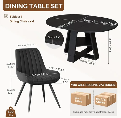 Vista 2 de Aivermel - Juego de mesa de comedor extensible redonda a ovalada para 4 a 6, mesa de cocina de madera con almacenamiento oculto y sillas tapizadas