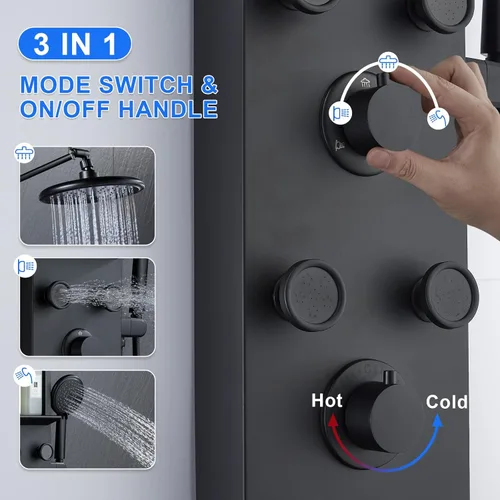 Vista 6 de POPFLY Sistema de Panel de Torre de Ducha con Altura de Brazo de Ducha Ajustable, Sistema de Cabezal de Lluvia, Panel de Ducha de Acero Inoxidable