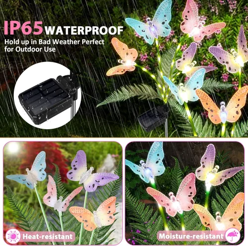 Vista 4 de Weepong Luces solares para decoración al aire libre, impermeables, luces solares de jardín con tallos brillantes, luz de flor de mariposa que cambia