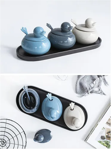 Vista 7 de JWCBDY Tapa y cuchara de porcelana para azucarero, tarro de almacenamiento de sal de cerámica, recipiente para condimentos para el hogar