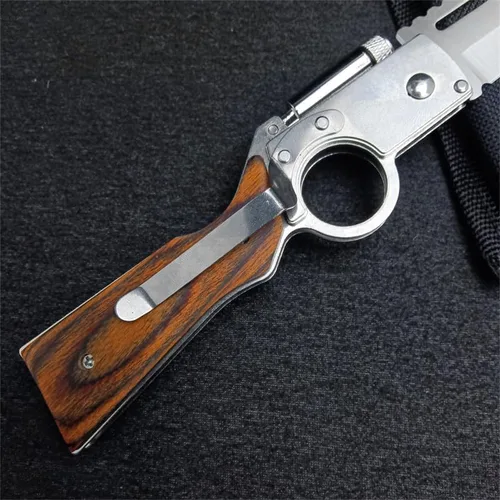 Vista 8 de Cuchillo plegable de bolsillo AK47 con cerradura de botón, hoja de acero inoxidable, mango de madera y clip de bolsillo, cuchillo LED portátil