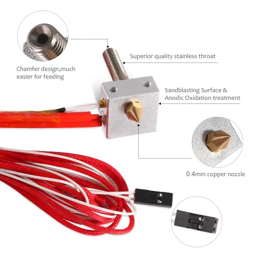 Vista 3 de MK8 Kit de boquilla extrusora de extremo caliente de 0.016 in para impresora 3D, kit de latón extrusora ensamblada de 0.069 in, tubo de garganta A8