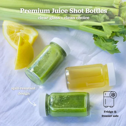 Vista 6 de Botellas de jugo con tapas, boca ancha para jugos, almacenamiento de bebidas, líquidos, 2 onzas, botellas de vidrio pequeñas transparentes con tapas
