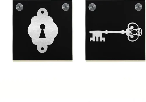 Hotel Restroom Door Sign - Fiber Laser Engraved Black Aluminum - Modern WC Signs - Bathroom Decor Plate - Set of WC signs - Style Lock&Key