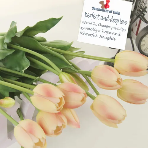 Vista 6 de 20 flores de tulipán artificiales, tallos de tulipán de tacto real de 16 pulgadas con hojas sintéticas, tulipanes y capullos sintéticos