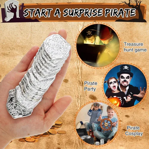 Vista 6 de Hanaive 100 piezas de monedas piratas de plástico, monedas falsas de juego, réplicas de doblones españoles para cofre del tesoro de fiesta pirata