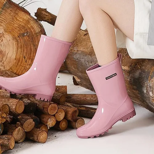 Vista 3 de Planone Botas de lluvia de media pantorrilla para mujer, zapatos de jardín impermeables, botas de lluvia antideslizantes para mujer, plantillas