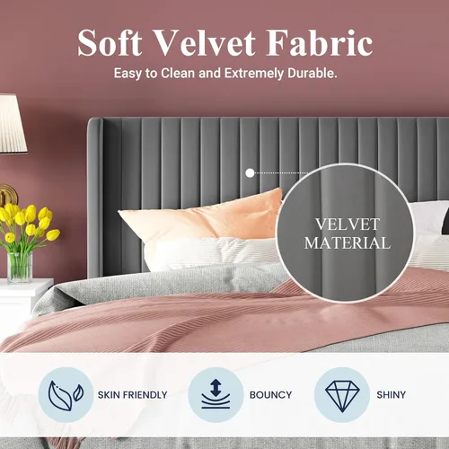 Vista 21 de Allewie Marco de cama de terciopelo tamaño Queen, cabecera capitonada con canal vertical, plataforma tapizada, listones de madera fuertes, no Blanco
