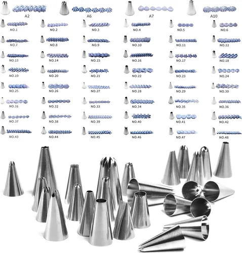 Vista 3 de Kit de decoración de pasteles para principiantes, 52 puntas de glaseado numeradas con tabla de patrones, 2 clavos de flores y 1 acoplador. Juego