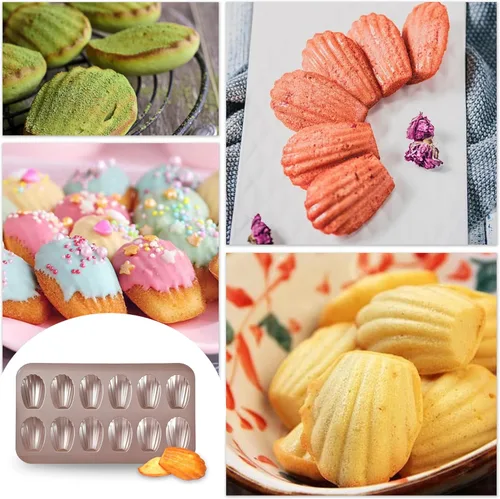 Vista 8 de Madeleine - Bandeja antiadherente de acero al carbono para hornear, molde de 12 agujeros para hornear en el horno, resistente a la deformación