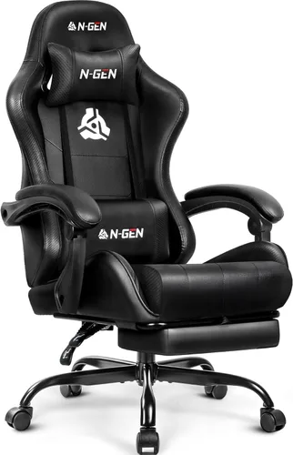 N-GEN GAMING Silla de videojuegos con reposapiés, soporte lumbar para el hogar, oficina, respaldo alto, reclinable, altura ajustable, ergonómica,