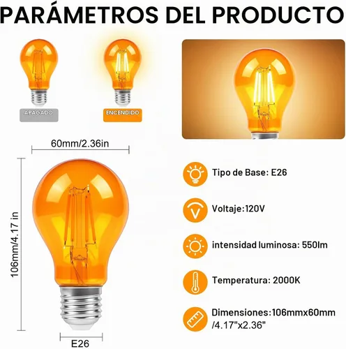 Vista 3 de KINUR Bombillas de luz ámbar, A15 2 W, 2000 K, bombillas cálidas equivalentes a 15 W, base E26 para dormir saludable paquete de 4