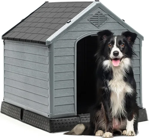 YITAHOME Plastic Dog House, Waterproof Indoor Outdoor Doghouse for Large or Small Dog, with Air Vents and Elevated Floor, Easy Assemble and Clean