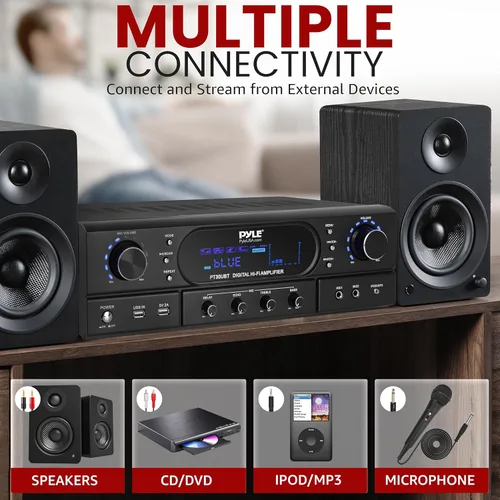 Vista 3 de Pyle Amplificador receptor de cine en casa Bluetooth – Amplificador de potencia máxima de 180 W con agudos, graves, control de eco, MP3/USB/FM