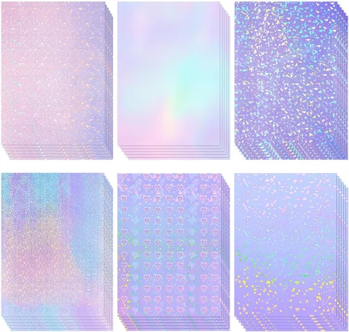 Vista 12 de Clabby 36 hojas de papel holográfico para pegatinas A4, láminas laminadas holográficas de vinilo, autoadhesivas, impermeables, transparentes, 11.7 x