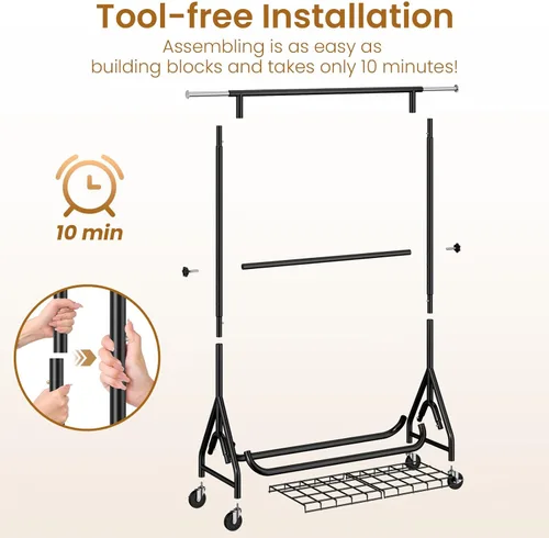 Vista 5 de Perchero de ropa con doble varilla, resistente para colgar ropa con carga de 560 libras, percheros de metal con ruedas, estantes para colgar ropa