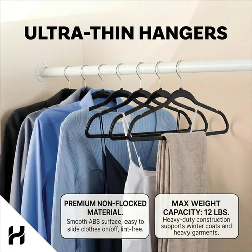 Vista 3 de HOUSE DAY - Paquete de 20 perchas negras de plástico - Perchas resistentes sin terciopelo con gancho giratorio de cromo de 360° y muescas