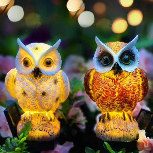 Vista 8 de SmilingTown Paquete de 2 luces solares de jardín de búho para exteriores, luz decorativa de estaca impermeable, decoración de búho para asustar a