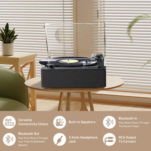 Vista 4 de Reproductor de discos de vinilo completamente automático Bluetooth, tocadiscos de vinilo MYKESONIC con transmisión por correa, cartucho magnético