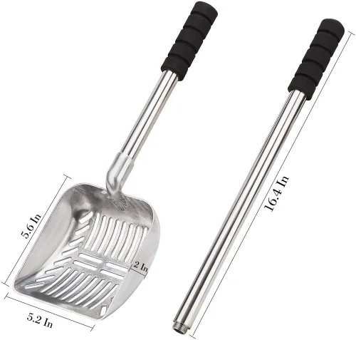 Vista 4 de Yangbaga Cuchara de arena de metal para gatos con pala profunda y mango largo, tamiz antiadherente desmontable de acero inoxidable con agarre
