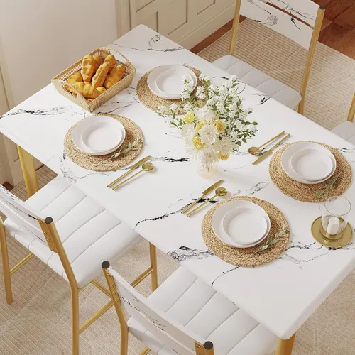 Vista 4 de Juego de mesa de comedor IRONCK para 4, mesa de cocina de madera con sillas tapizadas para cocina y comedor, juego de mesa compacto para espacios