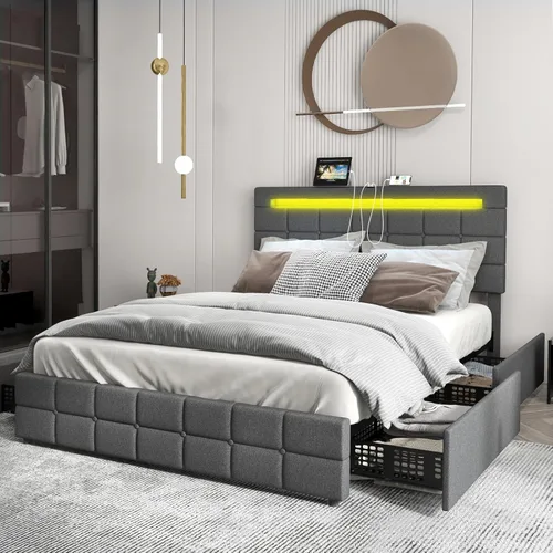 Vista 13 de KOMFOTT Base de cama individual con estación de carga y luces LED, base de cama de plataforma tapizada con cabecera ajustable y 4 cajones
