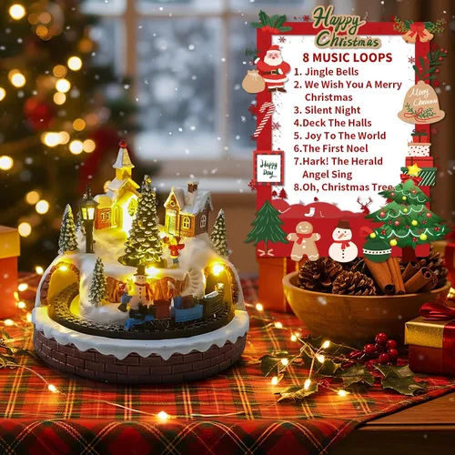Vista 6 de Decoración de aldea navideña con tren giratorio y árbol de Navidad, edificios coleccionables musicales, 8 canciones, luces LED, función
