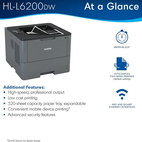 Vista 3 de Brother HL-L6200DW Impresora láser inalámbrica monocromática de una sola función, solo impresión: 48 ppm, 1200 x 1200 ppp, impresión dúplex
