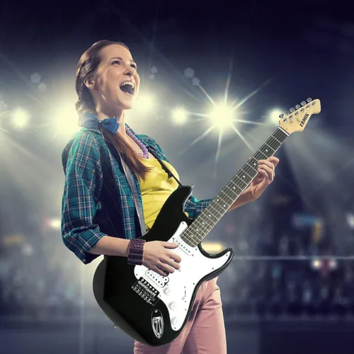 Vista 6 de Ermik Kit de guitarra eléctrica de cuerpo sólido con amplificador de 20W, cuerdas, correa, afinador digital, púas, bolsa para conciertos, cable
