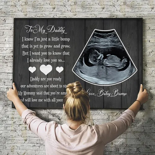 Lienzo de ultrasonido para bebé con texto en inglés "Daddy I Can't Wait To Meet You", marco de fotos con anuncio de embarazo con texto en inglés "Hi