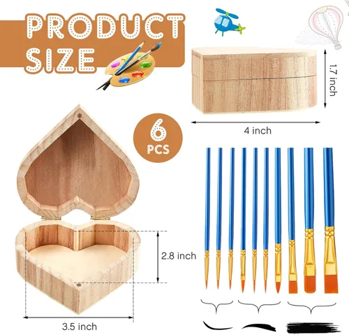 Vista 3 de Taiyin 6 cajas de corazón sin terminar sin pintar con pinceles de arte, caja de pino natural en forma de corazón de madera con tapa con bisagras