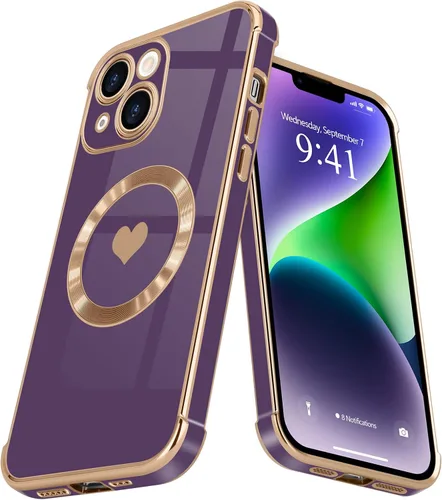 Vista 22 de Funda magnética para iPhone 13, para mujeres y niñas, chapado de lujo, lindo corazón de amor, cubierta trasera suave, protección completa de lente