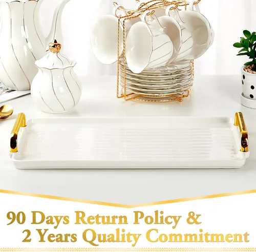 Vista 5 de DUJUST - Bandeja de servir de porcelana con asas doradas, bandeja de mesa de café de estilo nórdico moderno, hermosa bandeja de té decorativa