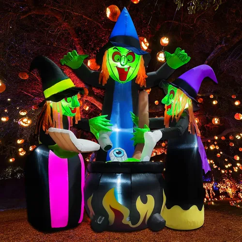 Inflables de Halloween para decoración al aire libre, 6 pies, 3 brujas, luces LED, decoración familiar iluminada para patio, césped, hogar