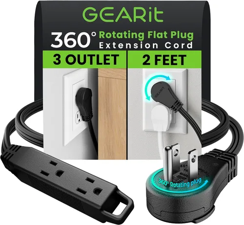 Vista 24 de GEARit Cable de extensión corto con enchufe plano giratorio de 360° y 3 tomas (2 pies, gris) 16AWG/13A Cable de 3 clavijas, Protector de toma