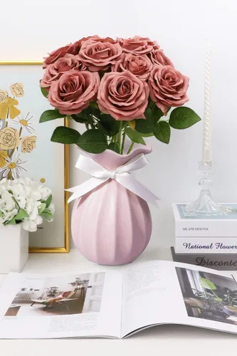 Vista 3 de LVEFIT Flores Artificiales de Rosa Rosas Polvorientas Flores de Seda 12 piezas con Rosas de Seda de Tallo Largo Ramo para Boda, Ducha Nupcial