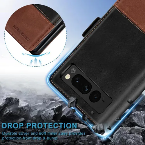 Vista 4 de KEZiHOME Funda para Google Pixel Fold, cuero genuino [bloqueo RFID] Funda tipo cartera con ranuras para tarjetas, función atril y tapa protectora