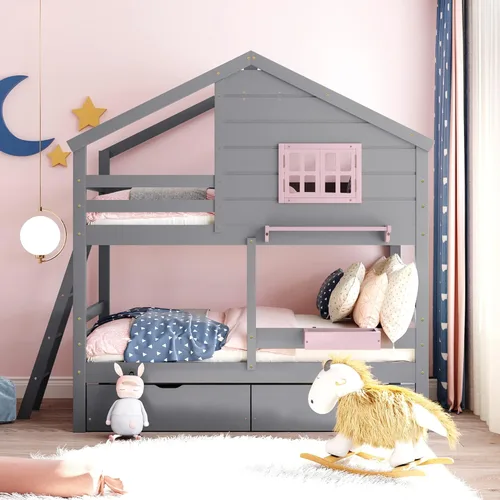 Vista 92 de Cama de casa de tamaño individual con elegantes ventanas y estantería, litera con diseño de castillo de madera con barandillas de seguridad