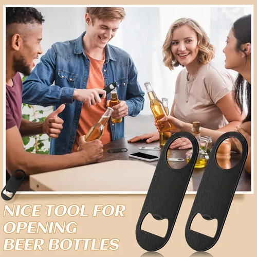 Vista 4 de 24 abridores de botellas planos de 3.5 x 1.18 pulgadas, abridor de botellas de cerveza de acero inoxidable negro, hoja de barra resistente, abridor