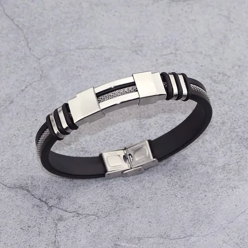 Vista 8 de Suyi Pulsera ajustable de silicona para hombre, pulsera de acero inoxidable