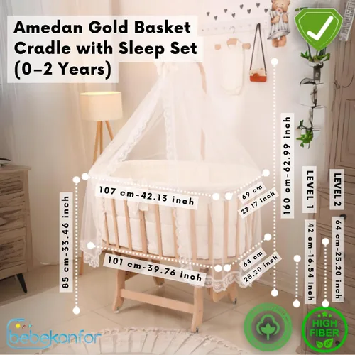 Vista 2 de Moisés de madera para bebé con dosel, cuna de haya natural con función de balanceo y bloqueo, incluye juego de ropa de cama 100% algodón, colchón