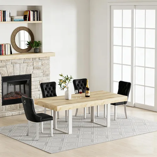 Vista 13 de Juego de mesa de comedor extensible de 5 piezas para 4, mesa de cocina de madera marrón de 63-78.7 pulgadas con 4 sillas acolchadas beige, juego