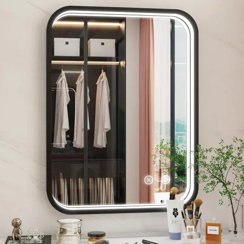 Vista 18 de Espejo de baño LED con marco negro de 16 x 24 pulgadas con luces, ajustable de 3000 K/4500 K/6000 K, espejos de tocador de baño iluminados