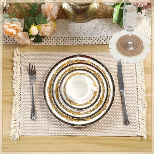 Vista 4 de Juego de 13 manteles individuales y posavasos de macramé bohemio, camino de mesa rústico con borlas absorbentes, manteles individuales de arpillera